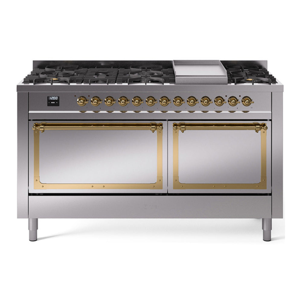 ILVE Nostalgie II Noblesse 60" Stainless Steel Dual Fuel Range with 9 Burners and Griddle Solid Door Natural Gas