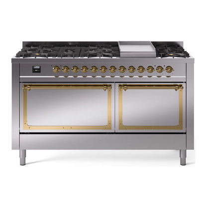 ILVE Nostalgie II Noblesse 60" Stainless Steel Dual Fuel Range with 9 Burners and Griddle Solid Door Natural Gas