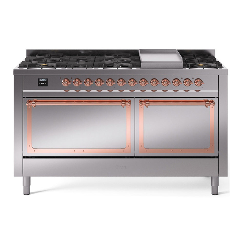 ILVE Nostalgie II Noblesse 60" Stainless Steel Dual Fuel Range with 9 Burners and Griddle Solid Door Natural Gas