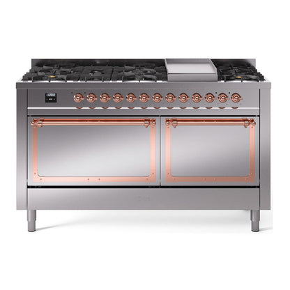 ILVE Nostalgie II Noblesse 60" Stainless Steel Dual Fuel Range with 9 Burners and Griddle Solid Door Natural Gas