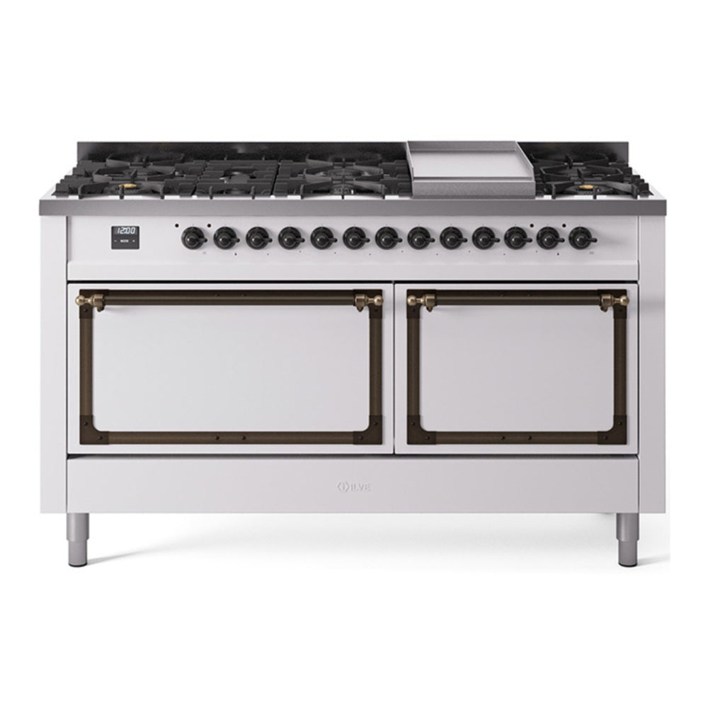 ILVE Nostalgie II Noblesse 60" White Dual Fuel Range with 9 Burners and Griddle Solid Door Natural Gas