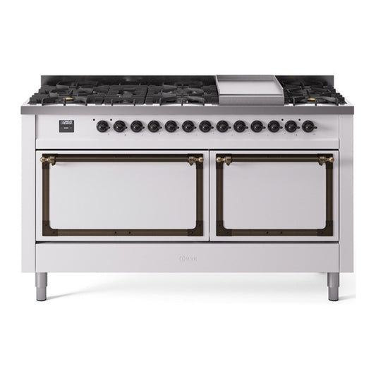 ILVE Nostalgie II Noblesse 60" White Dual Fuel Range with 9 Burners and Griddle Solid Door Natural Gas