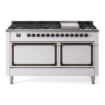 ILVE Nostalgie II Noblesse 60" White Dual Fuel Range with 9 Burners and Griddle Solid Door Natural Gas
