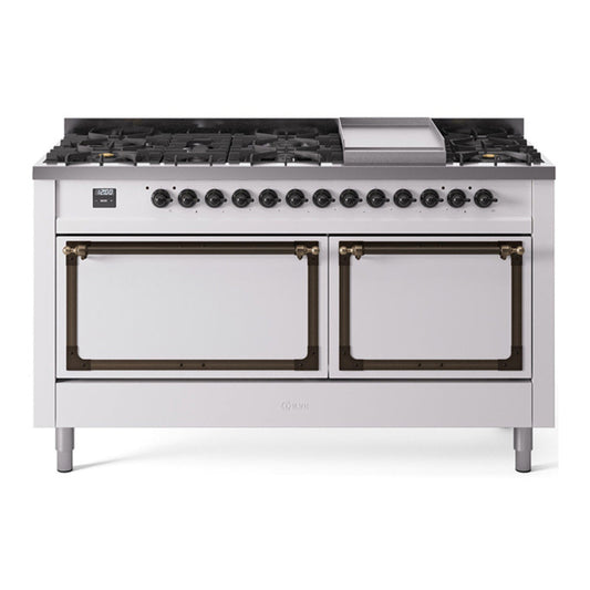 ILVE Nostalgie II Noblesse 60" White Dual Fuel Range with 9 Burners and Griddle Solid Door Natural Gas