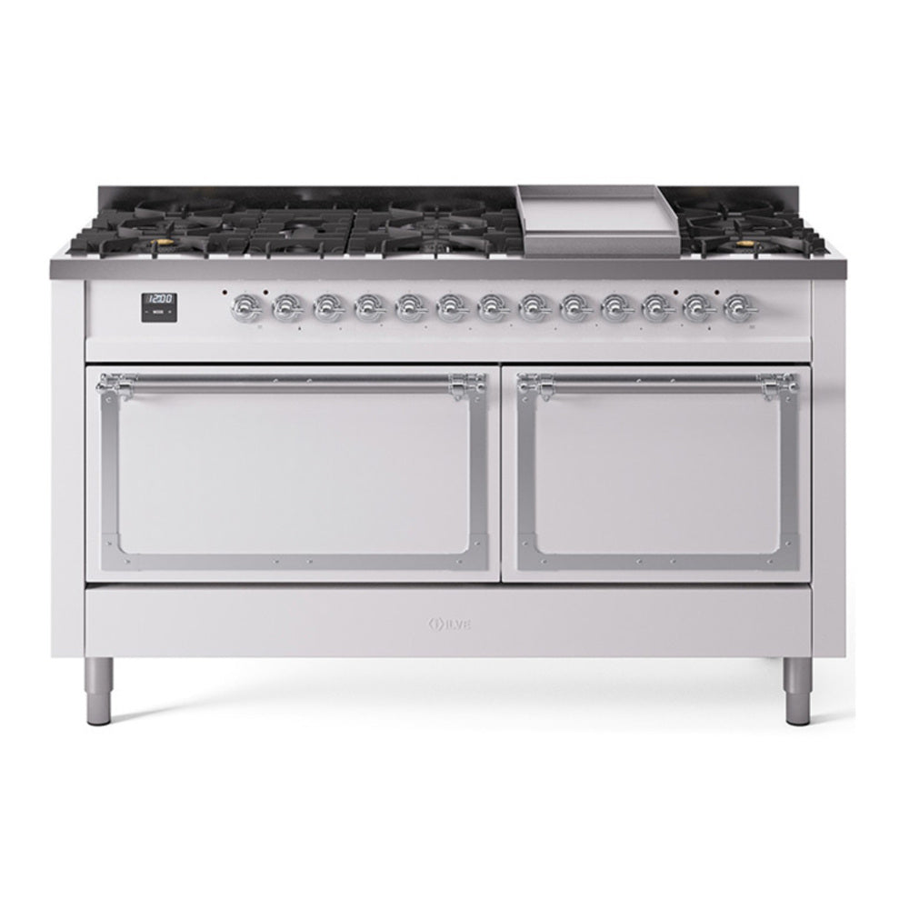 ILVE Nostalgie II Noblesse 60" White Dual Fuel Range with 9 Burners and Griddle Solid Door Natural Gas