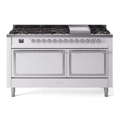 ILVE Nostalgie II Noblesse 60" White Dual Fuel Range with 9 Burners and Griddle Solid Door Natural Gas