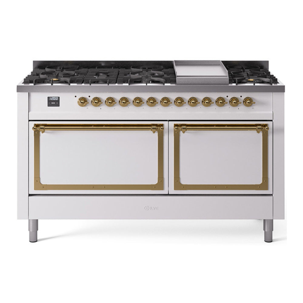 ILVE Nostalgie II Noblesse 60" White Dual Fuel Range with 9 Burners and Griddle Solid Door Natural Gas