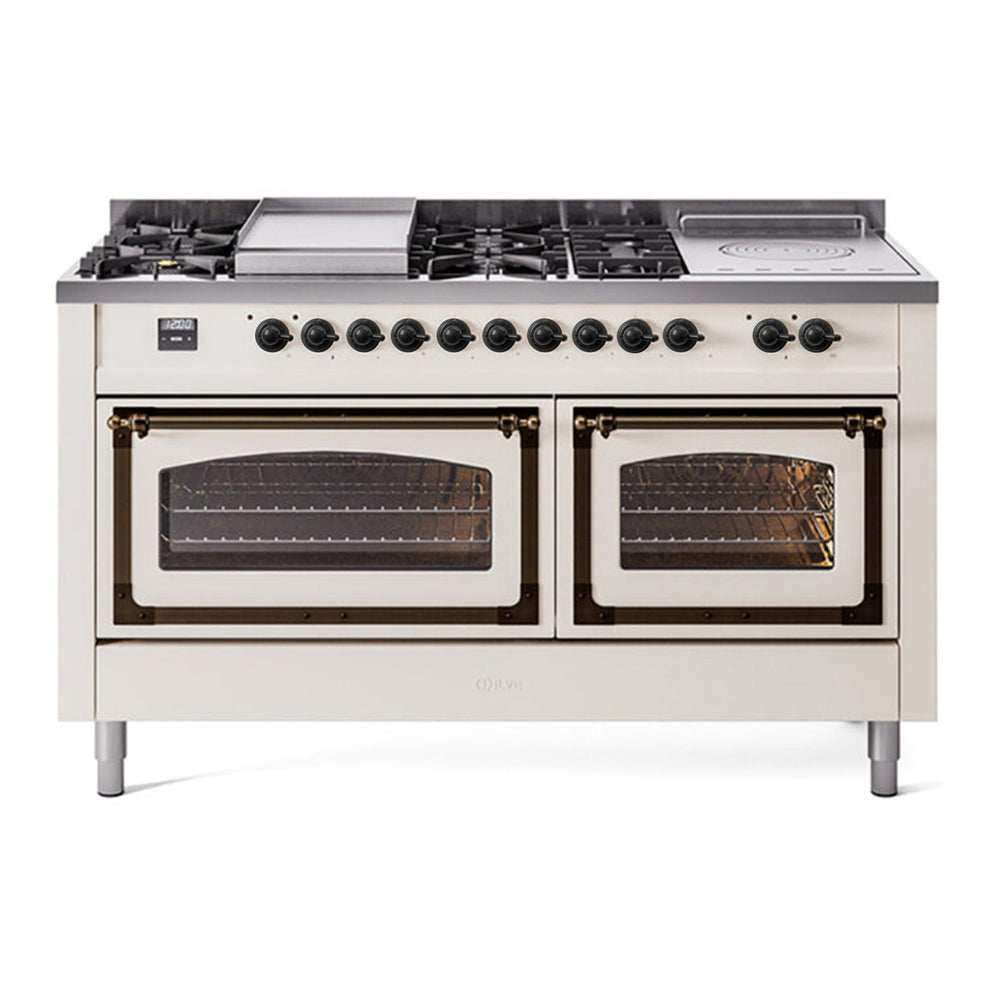 ILVE Nostalgie II Noblesse 60" Antique White Dual Fuel Range with 7 Burners, Griddle and French Top Triple Glass Door Natural Gas