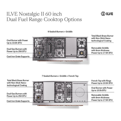ILVE Nostalgie II Noblesse 60" Antique White Dual Fuel Range with 7 Burners, Griddle and French Top Triple Glass Door Natural Gas