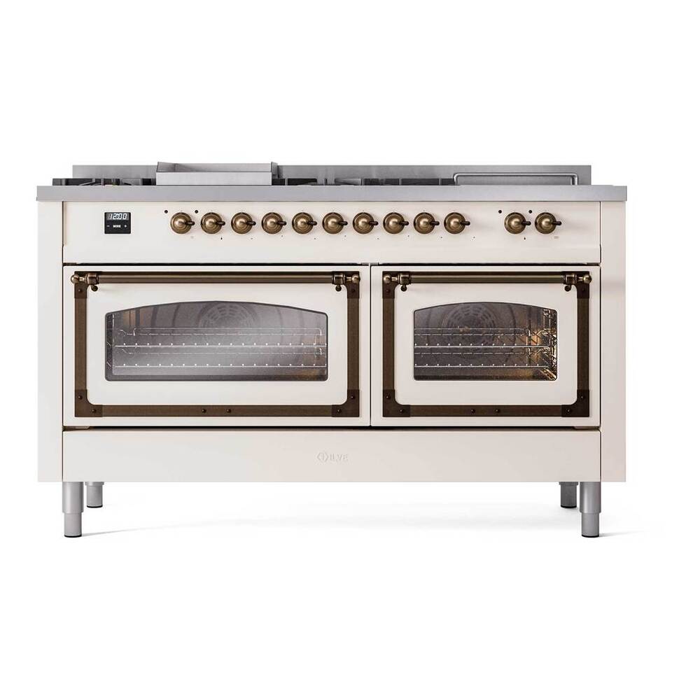 ILVE Nostalgie II Noblesse 60" Antique White Dual Fuel Range with 7 Burners, Griddle and French Top Triple Glass Door Natural Gas