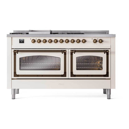 ILVE Nostalgie II Noblesse 60" Antique White Dual Fuel Range with 7 Burners, Griddle and French Top Triple Glass Door Natural Gas