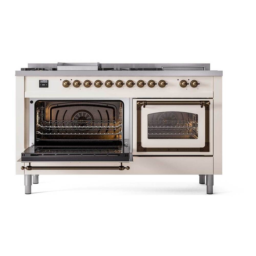 ILVE Nostalgie II Noblesse 60" Antique White Dual Fuel Range with 7 Burners, Griddle and French Top Triple Glass Door Natural Gas