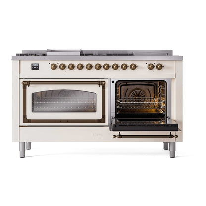 ILVE Nostalgie II Noblesse 60" Antique White Dual Fuel Range with 7 Burners, Griddle and French Top Triple Glass Door Natural Gas