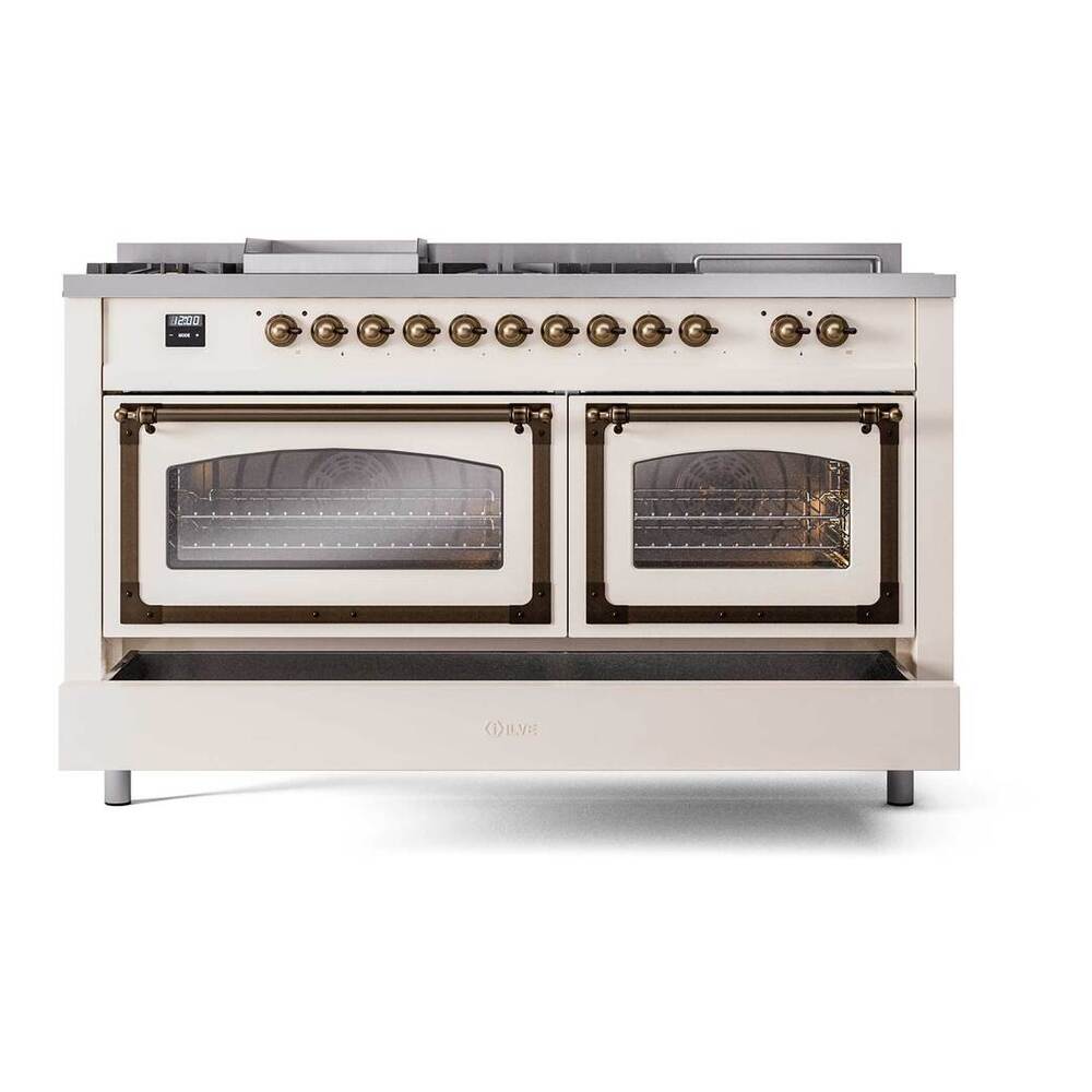 ILVE Nostalgie II Noblesse 60" Antique White Dual Fuel Range with 7 Burners, Griddle and French Top Triple Glass Door Natural Gas