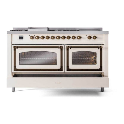 ILVE Nostalgie II Noblesse 60" Antique White Dual Fuel Range with 7 Burners, Griddle and French Top Triple Glass Door Natural Gas