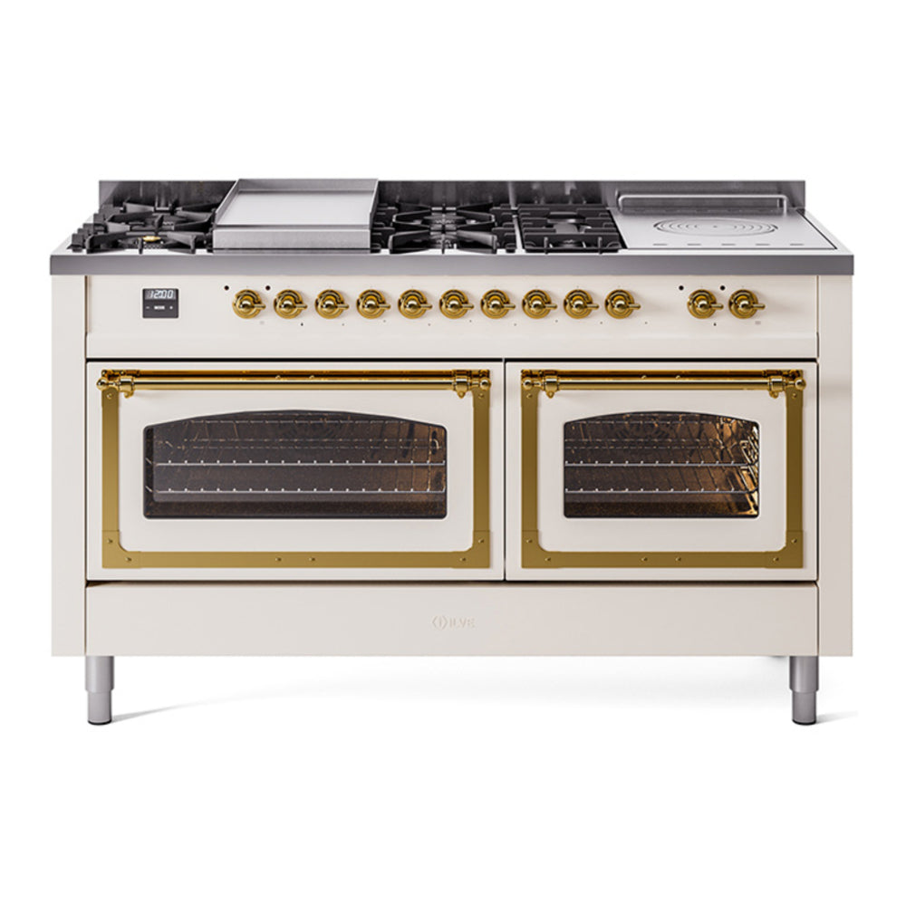 ILVE Nostalgie II Noblesse 60" Antique White Dual Fuel Range with 7 Burners, Griddle and French Top Triple Glass Door Natural Gas