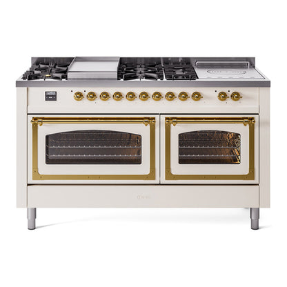 ILVE Nostalgie II Noblesse 60" Antique White Dual Fuel Range with 7 Burners, Griddle and French Top Triple Glass Door Natural Gas