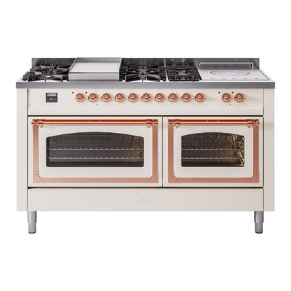 ILVE Nostalgie II Noblesse 60" Antique White Dual Fuel Range with 7 Burners, Griddle and French Top Triple Glass Door Natural Gas