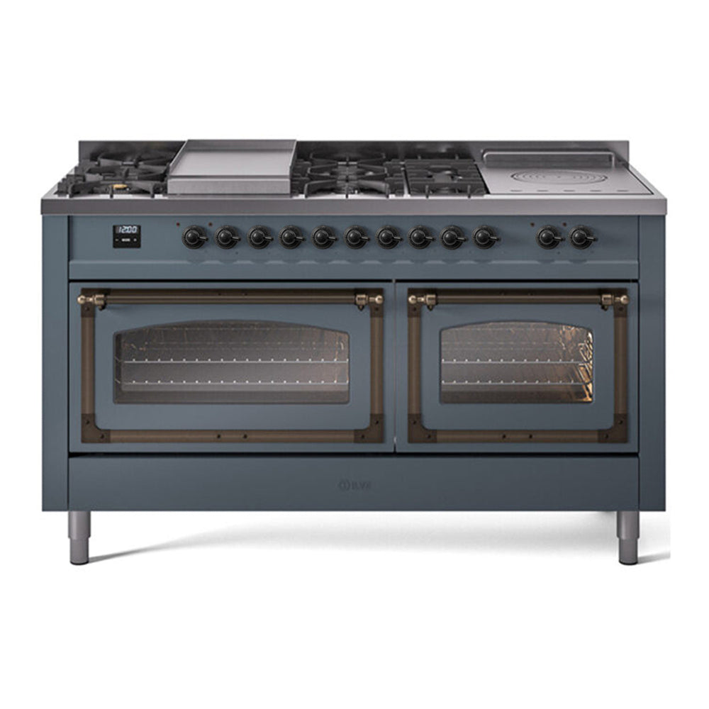 ILVE Nostalgie II Noblesse 60" Blue Grey Dual Fuel Range with 7 Burners, Griddle and French Top Triple Glass Door Natural Gas
