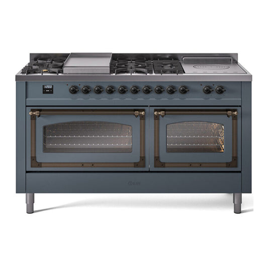 ILVE Nostalgie II Noblesse 60" Blue Grey Dual Fuel Range with 7 Burners, Griddle and French Top Triple Glass Door Natural Gas