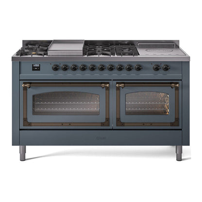 ILVE Nostalgie II Noblesse 60" Blue Grey Dual Fuel Range with 7 Burners, Griddle and French Top Triple Glass Door Natural Gas