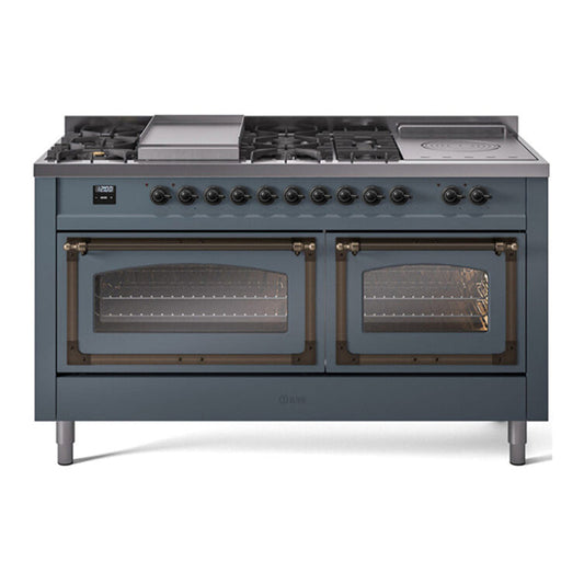 ILVE Nostalgie II Noblesse 60" Blue Grey Dual Fuel Range with 7 Burners, Griddle and French Top Triple Glass Door Natural Gas