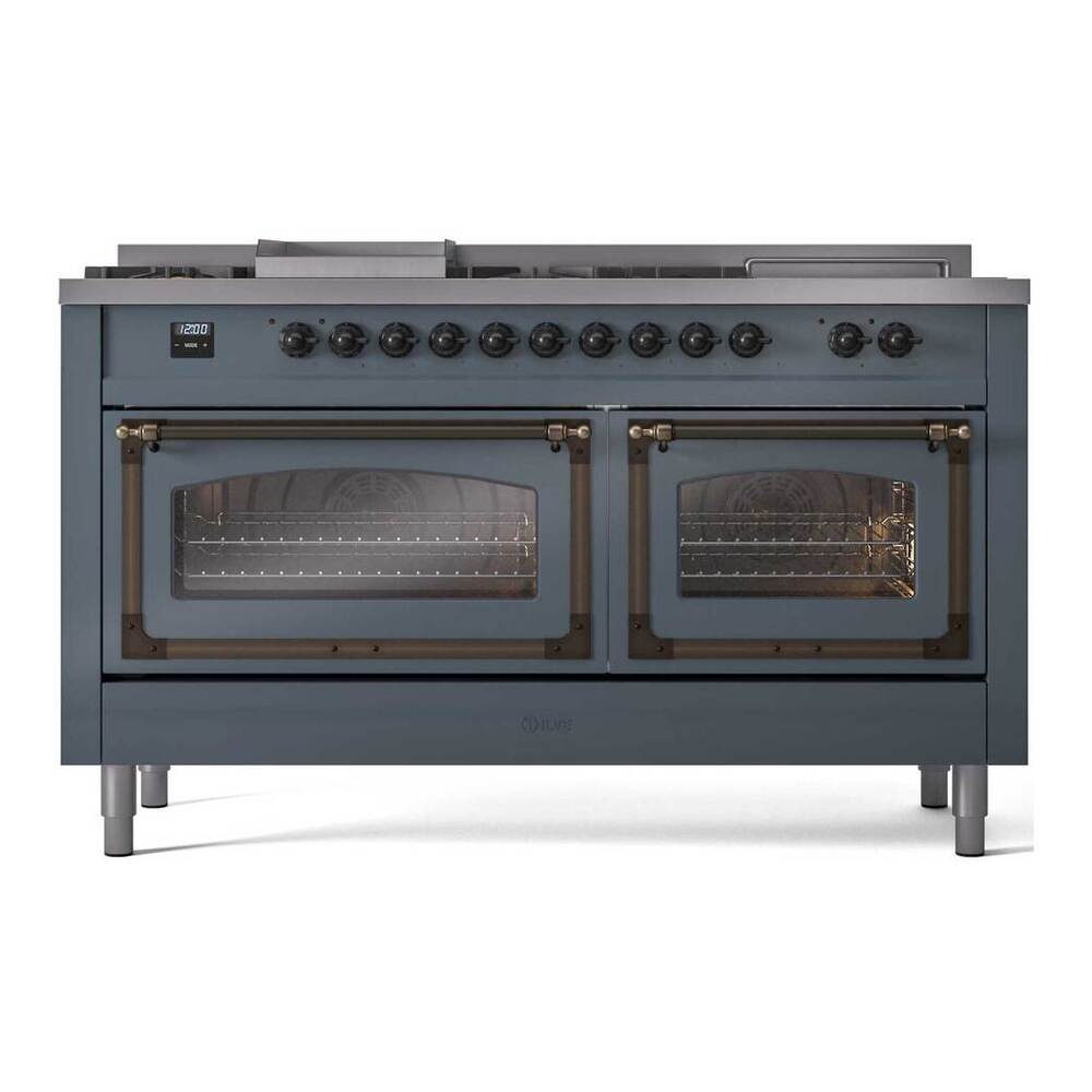 ILVE Nostalgie II Noblesse 60" Blue Grey Dual Fuel Range with 7 Burners, Griddle and French Top Triple Glass Door Natural Gas