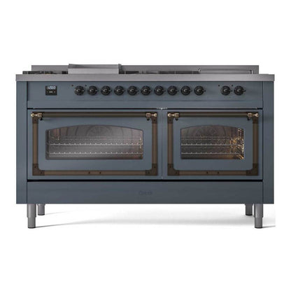 ILVE Nostalgie II Noblesse 60" Blue Grey Dual Fuel Range with 7 Burners, Griddle and French Top Triple Glass Door Natural Gas