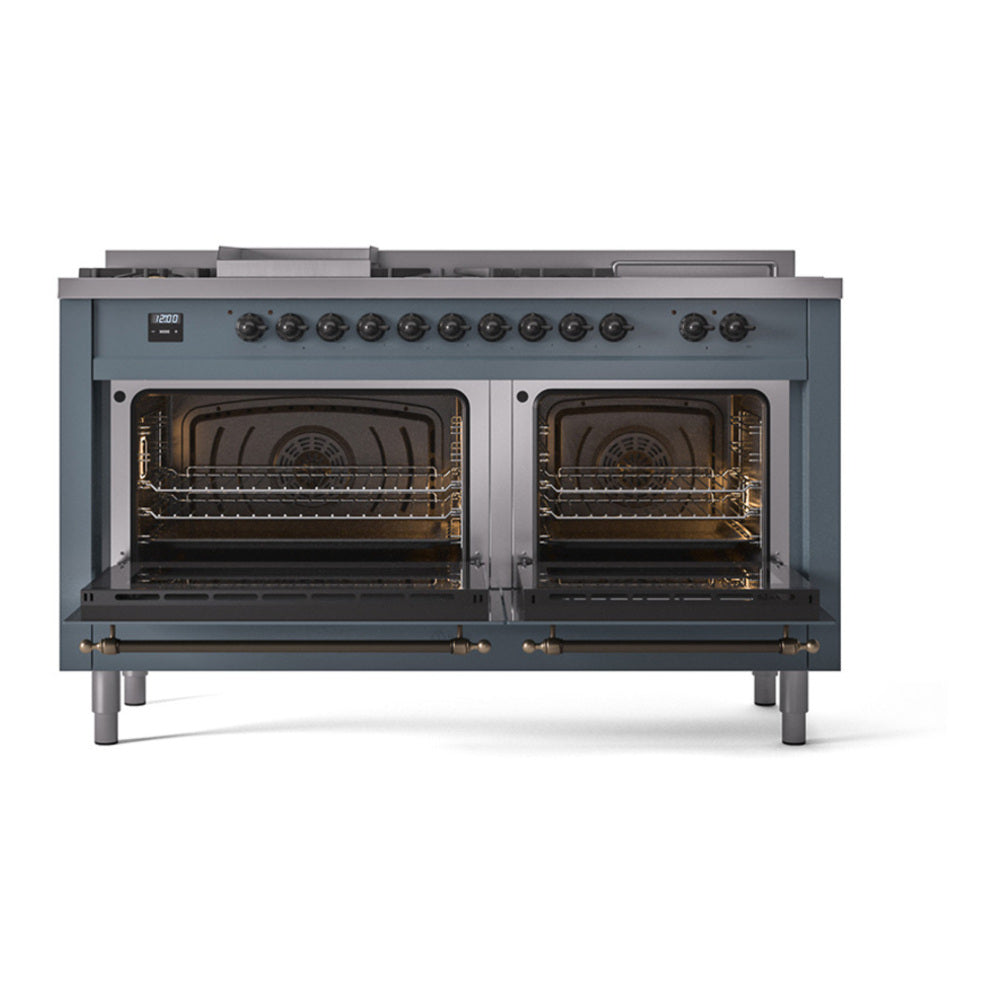 ILVE Nostalgie II Noblesse 60" Blue Grey Dual Fuel Range with 7 Burners, Griddle and French Top Triple Glass Door Natural Gas