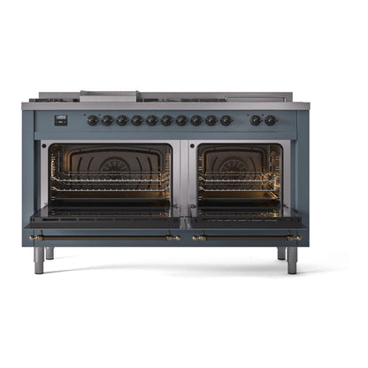 ILVE Nostalgie II Noblesse 60" Blue Grey Dual Fuel Range with 7 Burners, Griddle and French Top Triple Glass Door Natural Gas