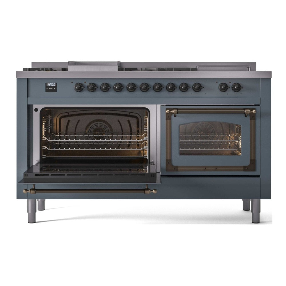 ILVE Nostalgie II Noblesse 60" Blue Grey Dual Fuel Range with 7 Burners, Griddle and French Top Triple Glass Door Natural Gas