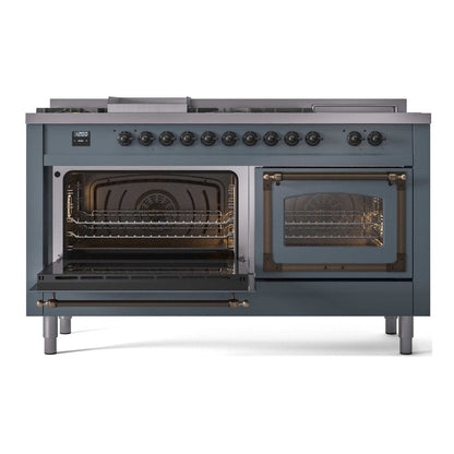 ILVE Nostalgie II Noblesse 60" Blue Grey Dual Fuel Range with 7 Burners, Griddle and French Top Triple Glass Door Natural Gas