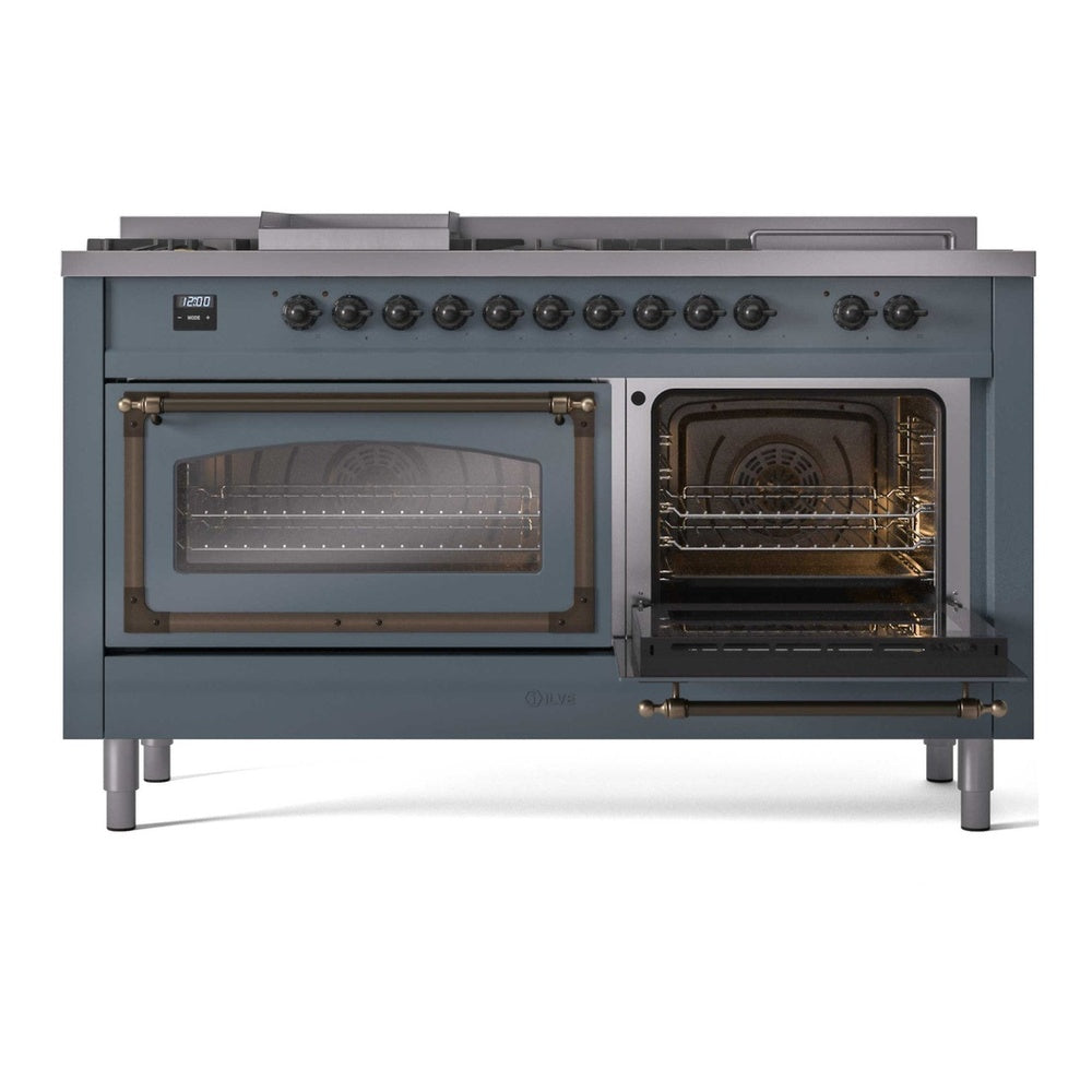 ILVE Nostalgie II Noblesse 60" Blue Grey Dual Fuel Range with 7 Burners, Griddle and French Top Triple Glass Door Natural Gas