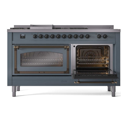 ILVE Nostalgie II Noblesse 60" Blue Grey Dual Fuel Range with 7 Burners, Griddle and French Top Triple Glass Door Natural Gas