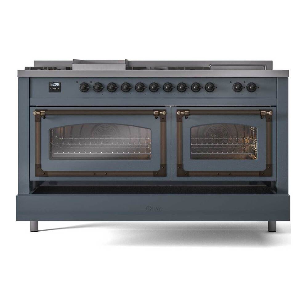 ILVE Nostalgie II Noblesse 60" Blue Grey Dual Fuel Range with 7 Burners, Griddle and French Top Triple Glass Door Natural Gas