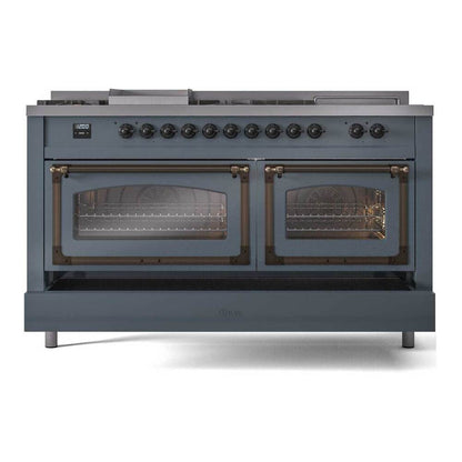 ILVE Nostalgie II Noblesse 60" Blue Grey Dual Fuel Range with 7 Burners, Griddle and French Top Triple Glass Door Natural Gas
