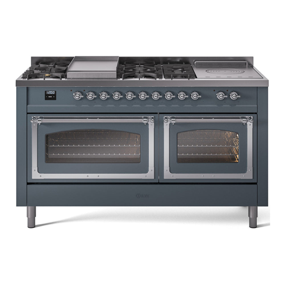 ILVE Nostalgie II Noblesse 60" Blue Grey Dual Fuel Range with 7 Burners, Griddle and French Top Triple Glass Door Natural Gas