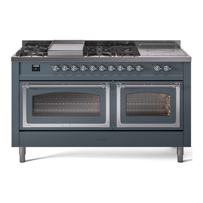 ILVE Nostalgie II Noblesse 60" Blue Grey Dual Fuel Range with 7 Burners, Griddle and French Top Triple Glass Door Natural Gas