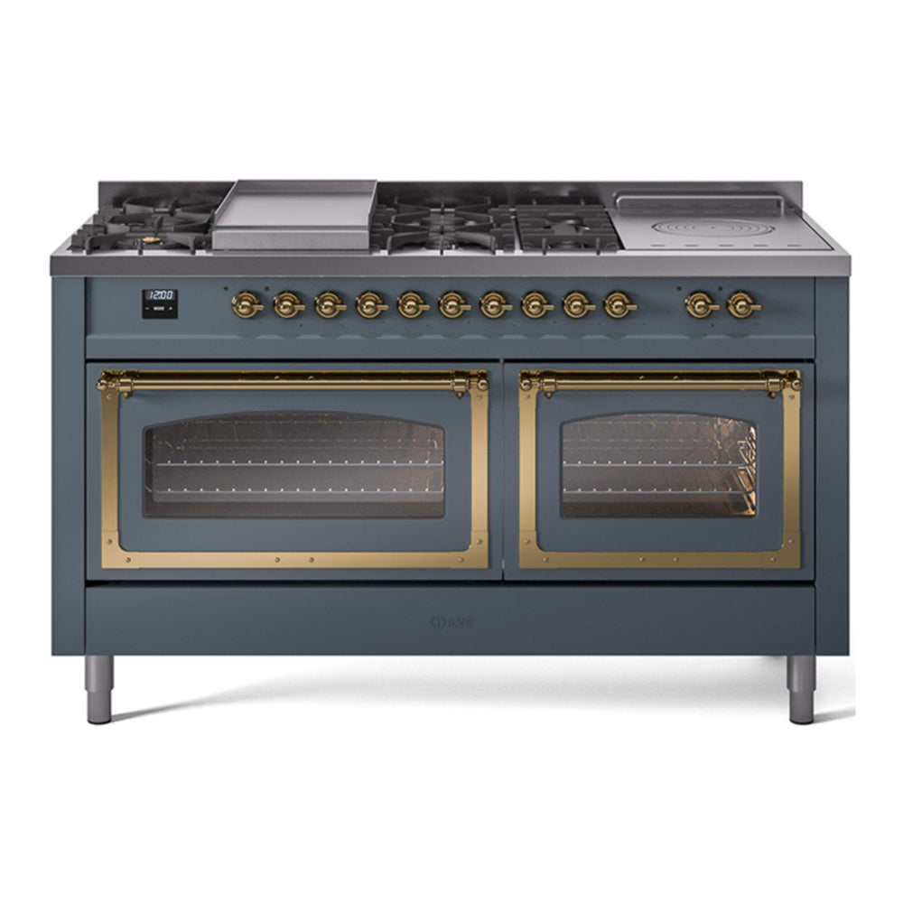 ILVE Nostalgie II Noblesse 60" Blue Grey Dual Fuel Range with 7 Burners, Griddle and French Top Triple Glass Door Natural Gas
