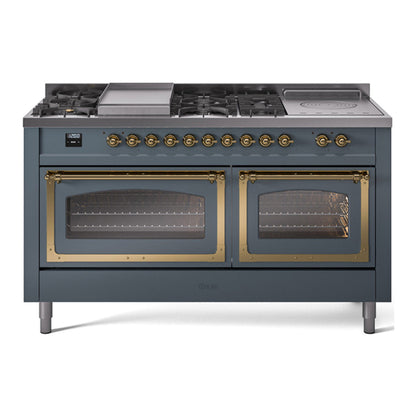 ILVE Nostalgie II Noblesse 60" Blue Grey Dual Fuel Range with 7 Burners, Griddle and French Top Triple Glass Door Natural Gas