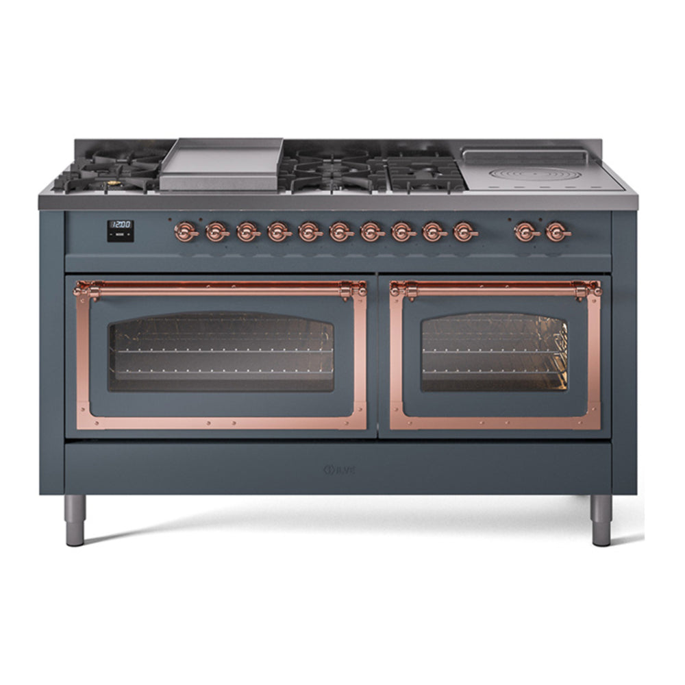 ILVE Nostalgie II Noblesse 60" Blue Grey Dual Fuel Range with 7 Burners, Griddle and French Top Triple Glass Door Natural Gas