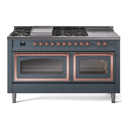 ILVE Nostalgie II Noblesse 60" Blue Grey Dual Fuel Range with 7 Burners, Griddle and French Top Triple Glass Door Natural Gas