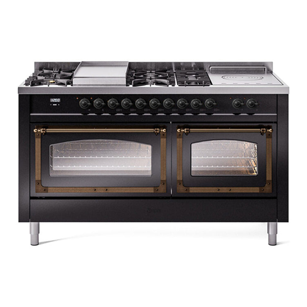 ILVE Nostalgie II Noblesse 60" Glossy Black Dual Fuel Range with 7 Burners, Griddle and French Top Triple Glass Door Natural Gas