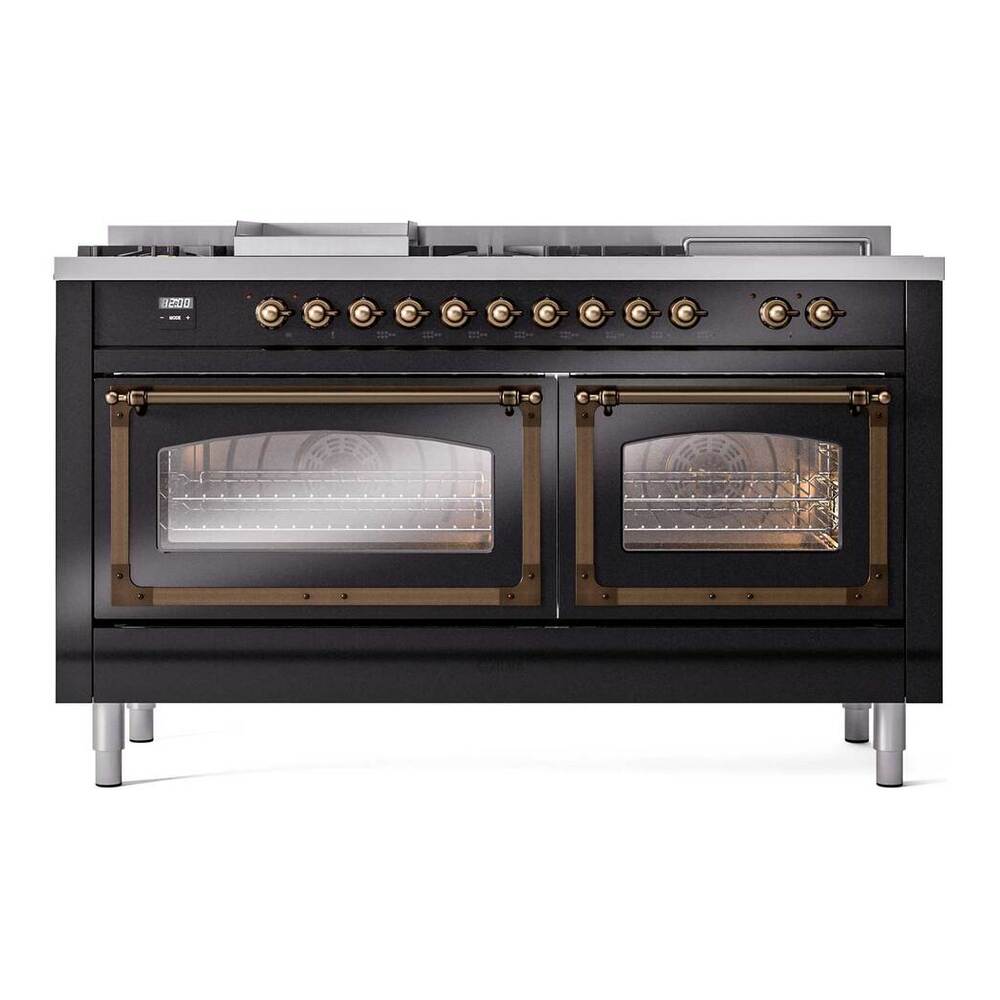 ILVE Nostalgie II Noblesse 60" Glossy Black Dual Fuel Range with 7 Burners, Griddle and French Top Triple Glass Door Natural Gas