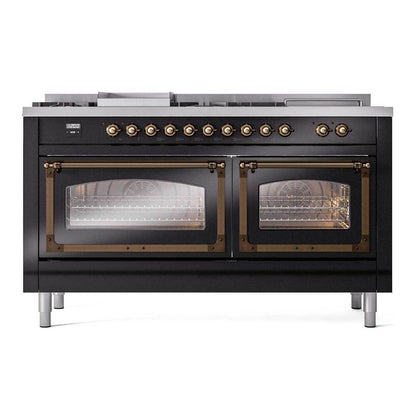ILVE Nostalgie II Noblesse 60" Glossy Black Dual Fuel Range with 7 Burners, Griddle and French Top Triple Glass Door Natural Gas