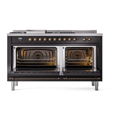 ILVE Nostalgie II Noblesse 60" Glossy Black Dual Fuel Range with 7 Burners, Griddle and French Top Triple Glass Door Natural Gas