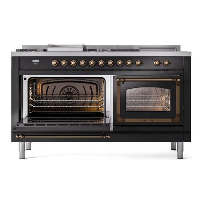 ILVE Nostalgie II Noblesse 60" Glossy Black Dual Fuel Range with 7 Burners, Griddle and French Top Triple Glass Door Natural Gas