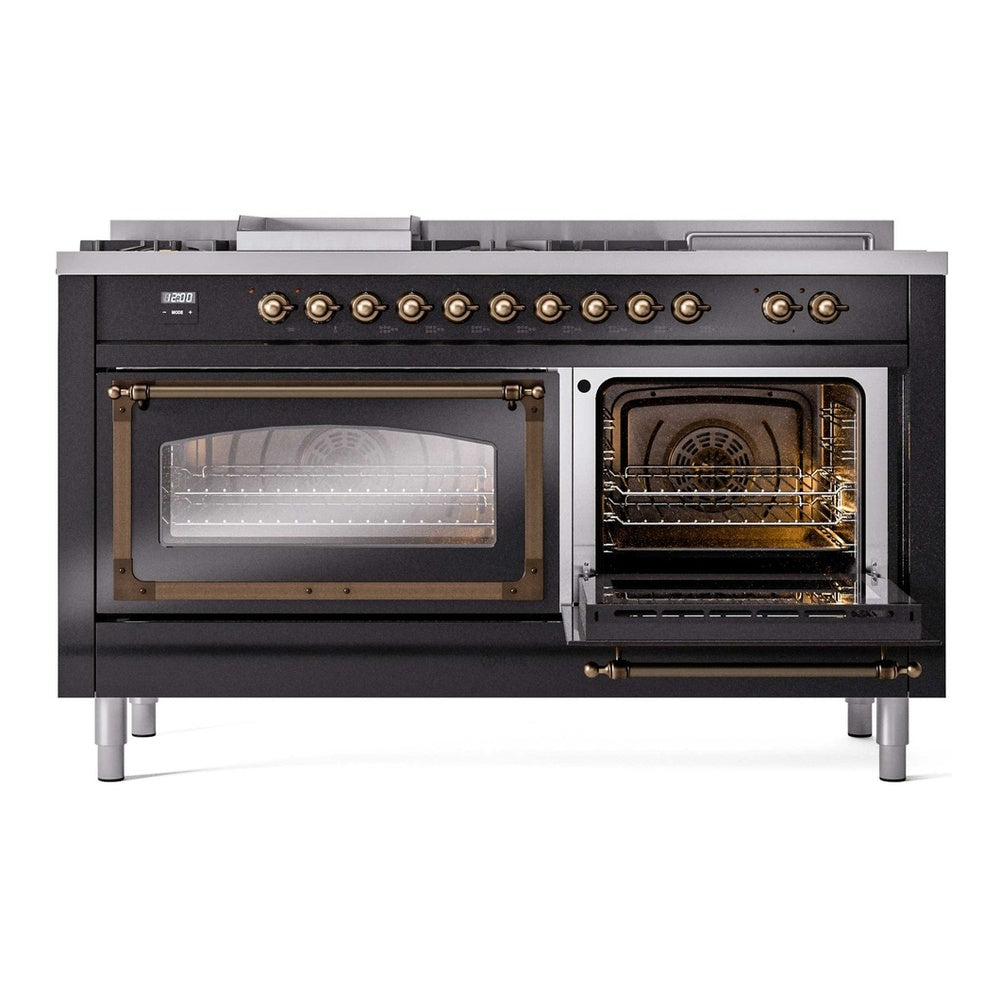ILVE Nostalgie II Noblesse 60" Glossy Black Dual Fuel Range with 7 Burners, Griddle and French Top Triple Glass Door Natural Gas
