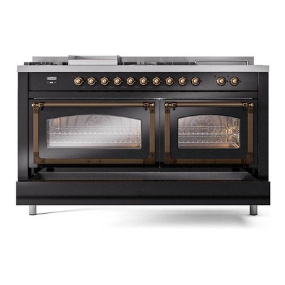 ILVE Nostalgie II Noblesse 60" Glossy Black Dual Fuel Range with 7 Burners, Griddle and French Top Triple Glass Door Natural Gas