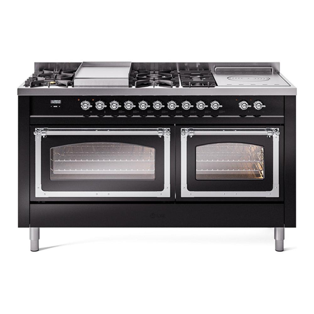 ILVE Nostalgie II Noblesse 60" Glossy Black Dual Fuel Range with 7 Burners, Griddle and French Top Triple Glass Door Natural Gas